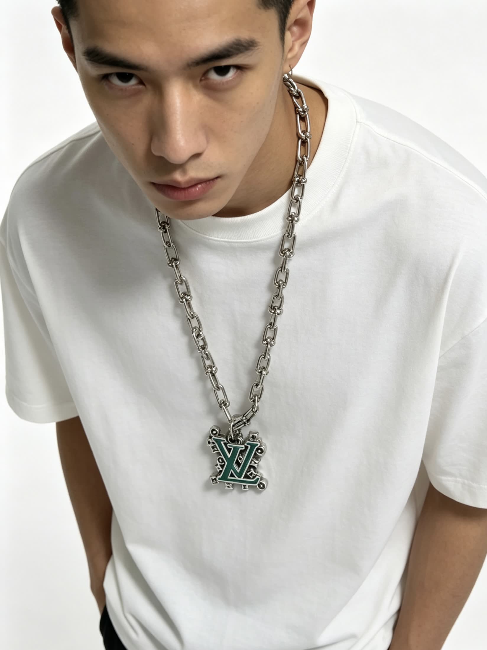 Louis Vuitton Silver Tone Chain Necklace with LV Pendant